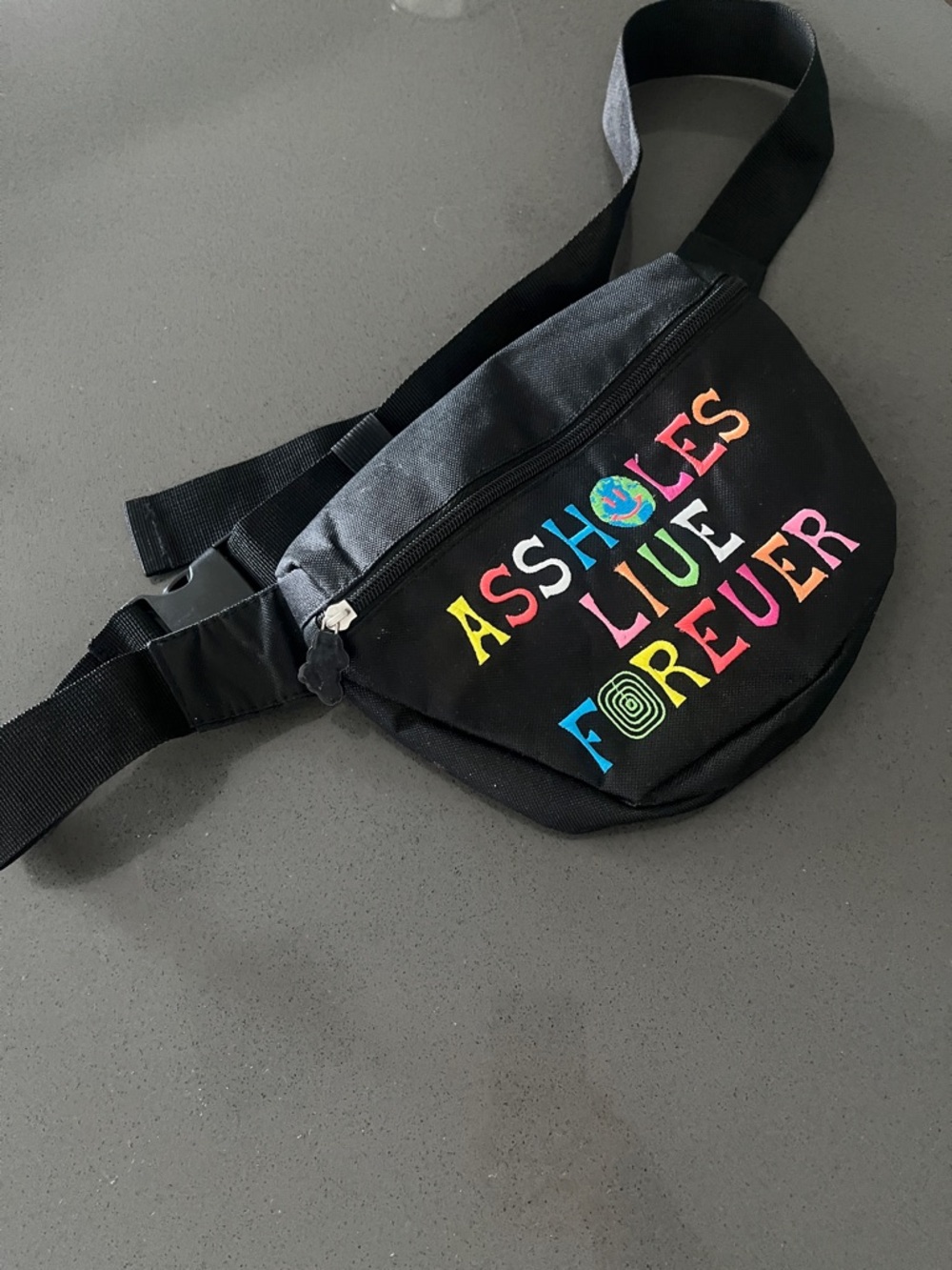 Black Crossbody Waist Bag with Multicolor Lettering